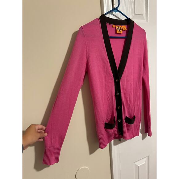 Tory Burch pink and Brown knit wool buttoned cardigan sz small - Picture 2 of 9